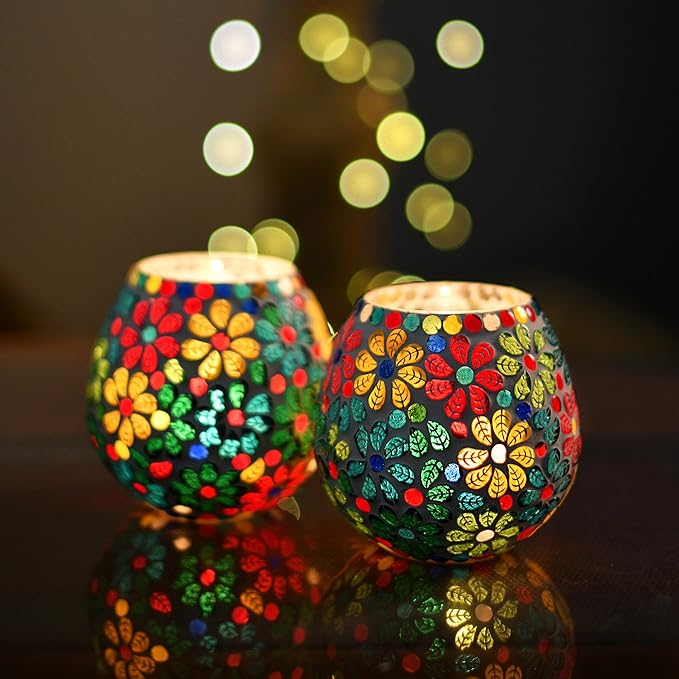Glass Tealight Candle Holders Pack of 2 Mosaic for Diwali 2025 | Handmade Floral Indian Home Gift Decor